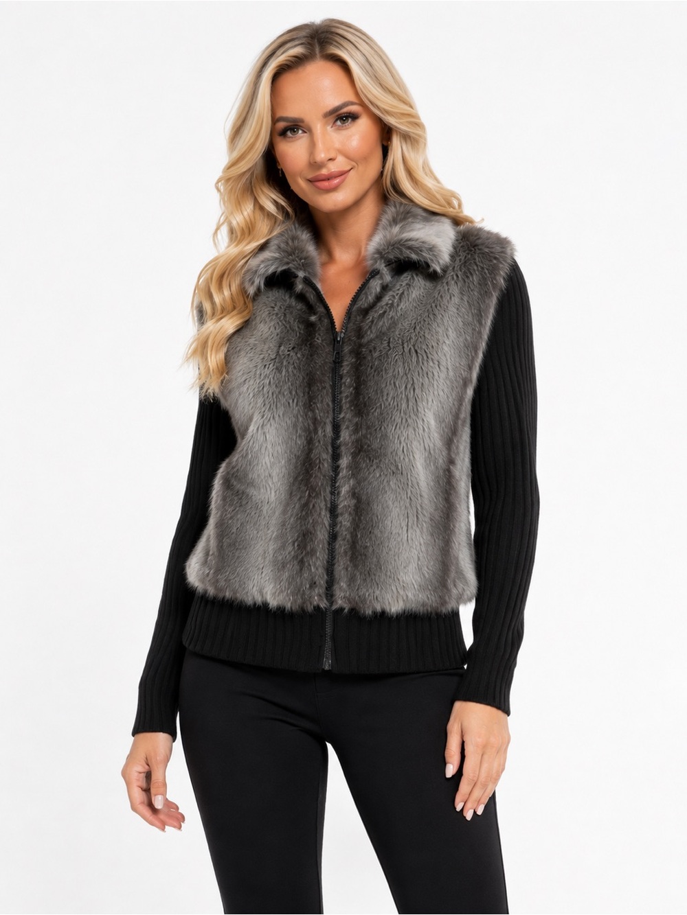 Tiara Size XL Gray Faux Fur Zip Front Jacket Black Ribbed Sleeves Back